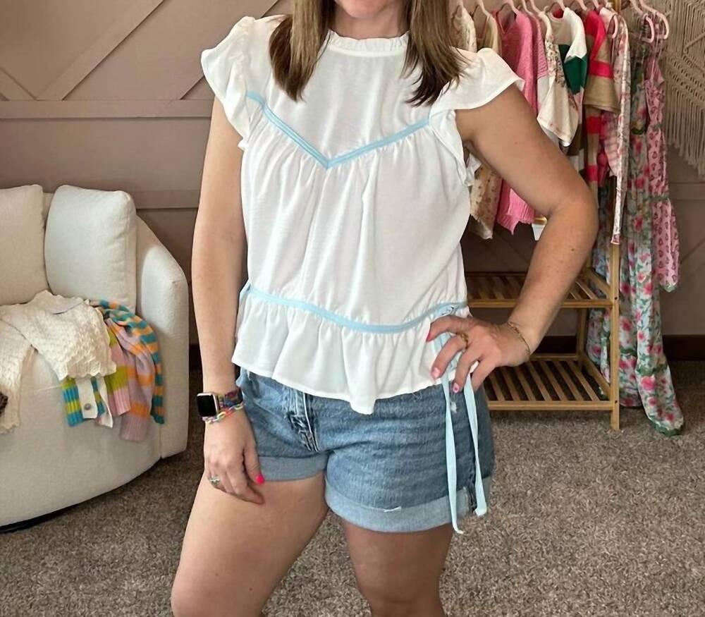 NEW KORI mock neck short sleeve contrast top in white